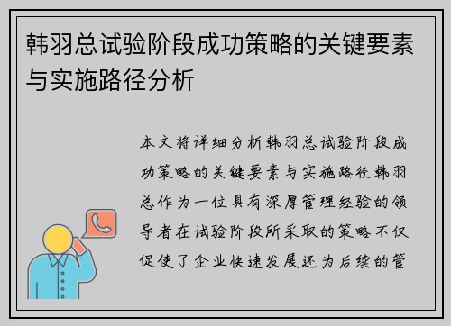 韩羽总试验阶段成功策略的关键要素与实施路径分析